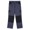 Grey cargo pants are displayed vertically featuring black accents and multiple pockets designed for durability and utility in work or casual settings. The fabric appears sturdy and functional.