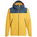 A yellow jacket with a blue upper section features a hood and front zippers. It is designed for outdoor wear, likely suitable for various weather conditions.