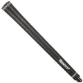 A black golf club grip designed for comfort features a textured surface for enhanced hold and is situated against a neutral background without additional context.