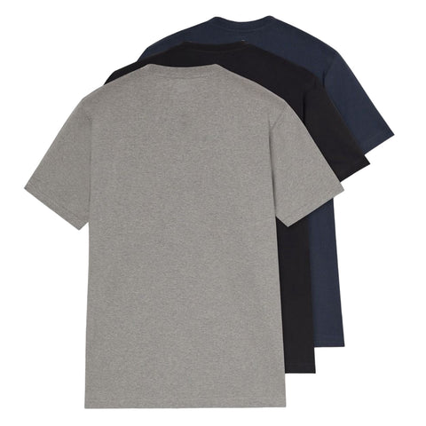 Three T-shirts in varying colors stacked from front to back gray at the front dark blue in the middle and black at the back against a white background