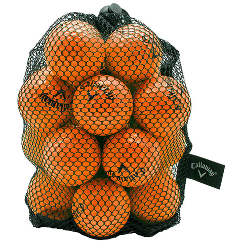 A mesh bag contains a dozen bright orange golf balls with a logo visible on each ball resting in a compact arrangement ready for use in a sport-related context