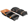 Two kneeling pads are shown designed for comfort featuring a black base with an orange molded section on one and adjustable straps visible for securing the user's knees during work or gardening activities