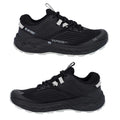 A pair of black trail running shoes features a textured upper and a thick cushioned sole with white accents highlighting the design suitable for outdoor activities. The shoes are positioned side by side.