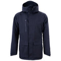 A dark navy jacket hangs in a front-facing position featuring a high collar and hood with pockets and zippers designed for warmth and protection in cold or adverse weather conditions.