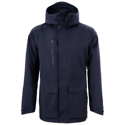 A dark navy jacket hangs in a front-facing position featuring a high collar and hood with pockets and zippers designed for warmth and protection in cold or adverse weather conditions.