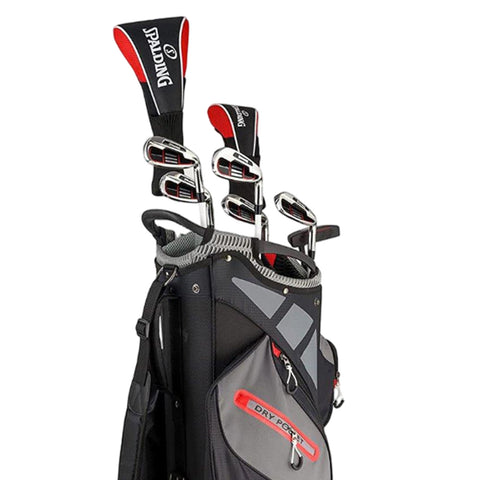 A black and gray golf bag stands upright holding three metallic golf clubs with black covers labeled Spalding at the top showcasing a sporty design suitable for outdoor sports activities.