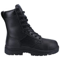 A black combat boot stands upright showcasing leather and fabric material prominently laced up to the top with a rugged sole designed for traction in various terrains.