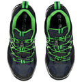 A pair of athletic shoes with a navy blue and green design feature a textured sole and intricate lacing system positioned against a white background.