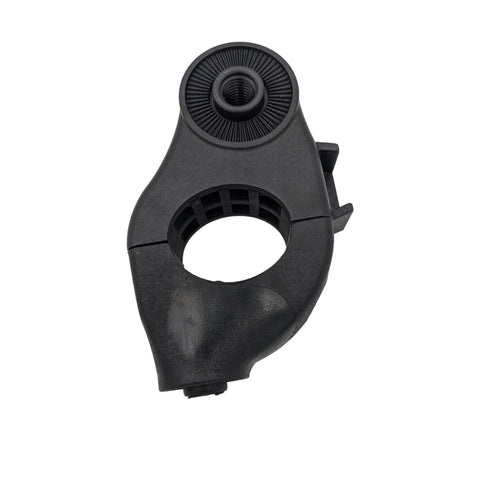 A black plastic clamp is positioned upright with a circular opening in the center and a threaded insert at the top indicating functionality for holding or securing items within a mechanical or construction context.