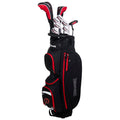 A black and red golf bag stands upright containing several clubs visible at the top with a spacious compartment for additional gear and pockets on the side for storage.