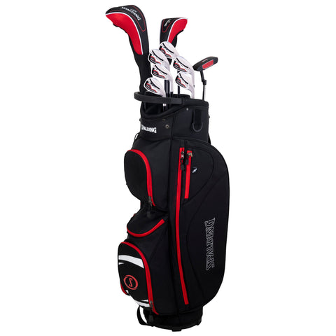 A black golf bag with red accents stands upright filled with golf clubs at the top featuring a brand logo while zippers and pockets are visible on the front for storage.