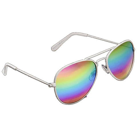 A pair of aviator sunglasses with reflective rainbow lenses rests with arms open in a neutral background providing a stylish accessory that suggests outdoor leisure or sunny environments.