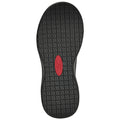 A black shoe sole with a textured pattern is positioned flat. It shows a central red oval branding label indicating the shoe's brand and model.