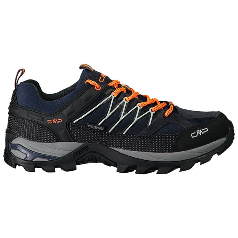 A black and orange waterproof athletic shoe features a rugged sole and a textured upper with reflective accents designed for outdoor activities in varied terrains.