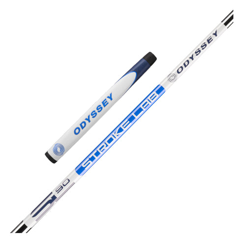 A putter with a white and blue design is displayed horizontally and vertically. The grip features the word "ODYSSEY," while the shaft includes "STROKE LAB" along with a numbered model designation.