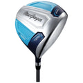 A golf driver featuring a shiny silver face and blue accents is positioned upright against a neutral background showcasing its sleek design and brand name MacGregor on the clubhead.