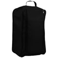 A black travel bag stands upright featuring a zippered front pocket and a top handle for carrying, designed for carrying personal items or clothing, placed on a neutral background.