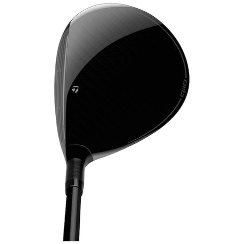 A black golf club head with a glossy finish rests upright showing its sleek shape and design features emphasizing performance and style in a golfing context.