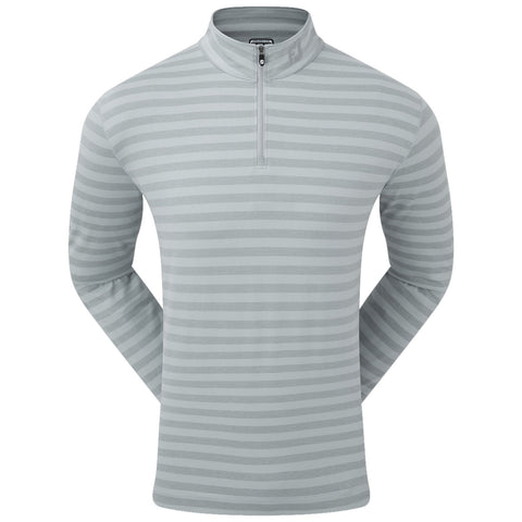 A long-sleeve, light grey pullover features horizontal stripes and a half-zip collar. It is displayed in a neutral environment, showcasing its design without any distractions or additional elements.