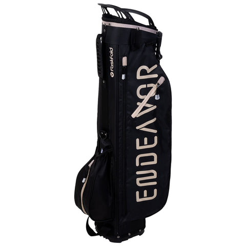 A black golf bag stands upright displaying the word "ENDAVO" prominently on its side with multiple zippered pockets and a handle for carrying designed for functionality and convenience on the golf course.