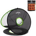 A collapsible golf net is displayed in black with green edges featuring a circular target area in the center next to a bag of orange golf practice balls.