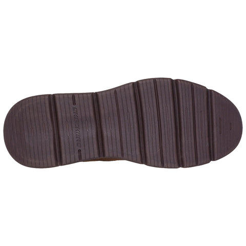 A shoe sole is displayed showing a textured surface with ridges and grooves designed for traction the background is blank highlighting the sole's features and design