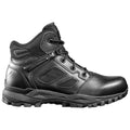 A black hiking boot is positioned upright showcasing its rugged design featuring a textured exterior and reinforced ankle support ideal for outdoor activities in varied terrains.