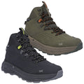 Two pairs of hiking boots are displayed side by side. One is olive green with orange accents while the other is black with yellow details. Both feature high ankle support and rugged soles.