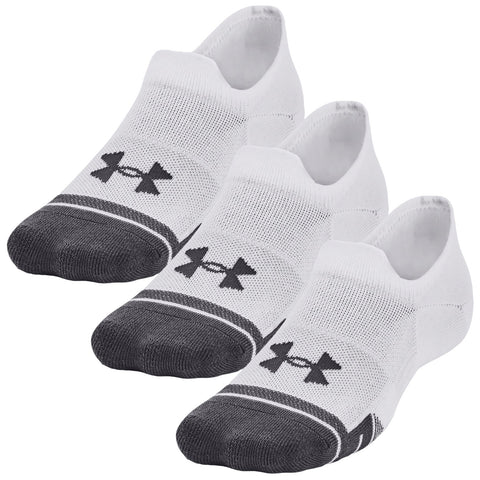 Three pairs of low-cut white athletic socks feature a dark gray toe and heel area with a distinctive black logo. They are arranged neatly side by side against a plain background.