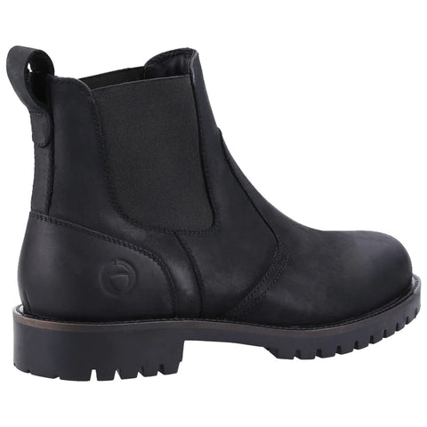 A black leather ankle boot with elastic side panels stands upright showcasing a sturdy rubber sole and heel designed for traction in various environments.