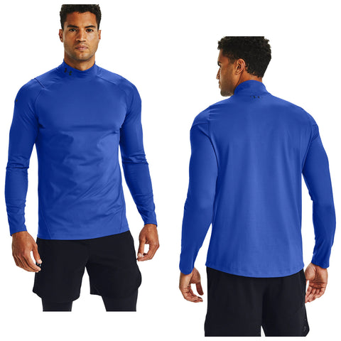 A blue long-sleeve athletic shirt is displayed worn by a man. He stands facing forward and backward, showcasing the shirt's design in a neutral background, highlighting its fit and color.