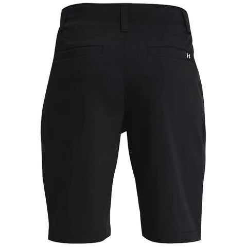 Black shorts are displayed front-facing with a smooth texture and two back pockets. They are designed for casual or athletic wear in an unobstructed setting.