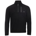 A black fleece pullover features a quarter zip at the neck and a small chest pocket with a logo on it, suitable for casual or outdoor wear.