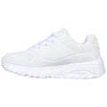 A white athletic shoe is featured sitting against a plain background showcasing its smooth surface perforated details and laces designed for comfort and style.