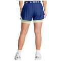 A person is standing and wearing navy blue athletic shorts with a light green underlayer the shorts have a branded waistband and are paired with white athletic shoes and socks in an indoor setting.