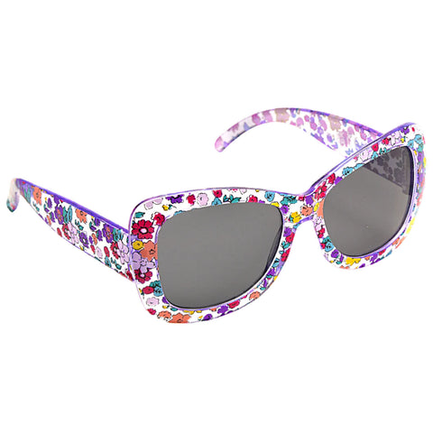 Colorful floral-patterned sunglasses rest at an angle with dark lenses highlighting their oversized design in a bright and playful aesthetic suitable for sunny outdoor environments.