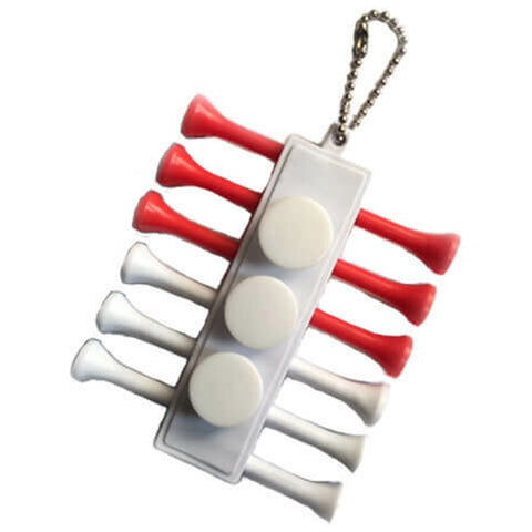 A keychain toy displays six colorful pegs arranged in two rows with red pegs on top and white pegs below while three white buttons are positioned in between on a white base.