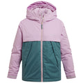 A hooded jacket is displayed featuring a pink upper section and a teal lower section with a zipper in the front designed for warmth and outdoor wear.