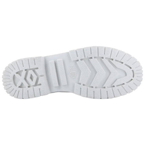 A white sneaker sole rests on a flat surface showcasing a tread pattern designed for grip and stability indicating its purpose for walking or running in various environments.