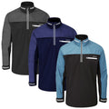 Three quarter-zip jackets in different colors hang next to each other displaying contrasting designs with varying shades of black blue and grey in a simple uncluttered setting