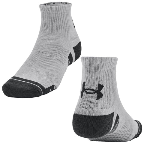 Short athletic socks in gray with black accents are displayed. They are designed for comfort and performance, suitable for sports activities or casual wear. The brand logo is visible on the back.