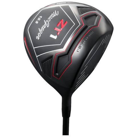 A black golf driver featuring red accents and geometric designs is positioned at an angle. It is designed for high performance on golf courses, enhancing precision and distance in swings.