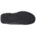 A black rubber shoe sole is displayed showing various tread patterns indicating it is designed for grip and traction likely used for outdoor or athletic activities.