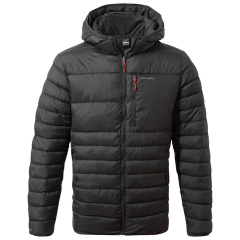 A black puffer jacket with a hood is displayed zipped up. It features horizontal stitching and a chest pocket. The background is neutral, emphasizing the jacket's design.