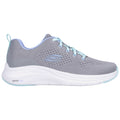 A gray sneaker with a mesh upper and light blue accents is positioned sideways showcasing its sleek design and cushioned sole labeled VANPORFOAM suitable for casual or athletic wear.