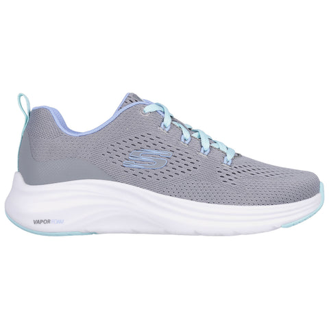 A gray sneaker with a mesh upper and light blue accents is positioned sideways showcasing its sleek design and cushioned sole labeled VANPORFOAM suitable for casual or athletic wear.