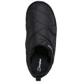 A black quilted slipper features a cozy interior and an open back design suitable for indoor wear placed on a flat surface indicating comfort and warmth for the feet.