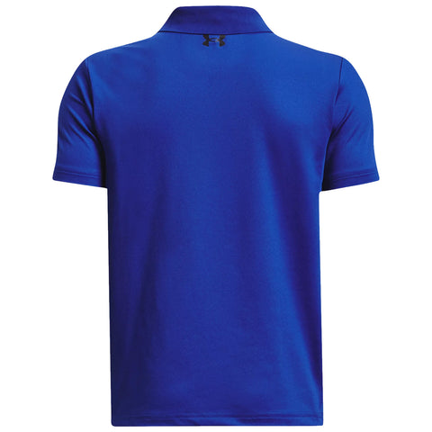 A blue polo shirt with short sleeves and a collar is displayed flat against a plain background showcasing its smooth texture and the black logo positioned at the back collar area.