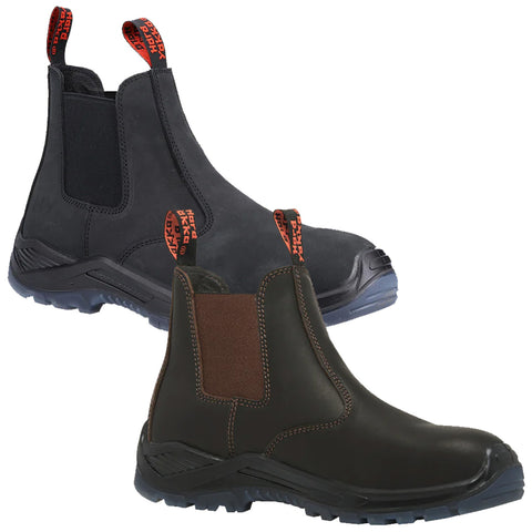 Two pairs of sturdy boots are displayed side by side one is black with elastic sides and red pull tabs while the other is dark brown with brown elastic sides both suitable for work or outdoor use