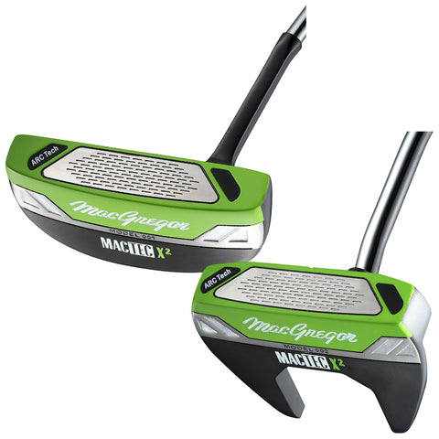 A golf putter features a green and black head with a metallic surface and curved shape positioned upright with a shaft extending downward showcasing a modern design for enhanced performance on the course